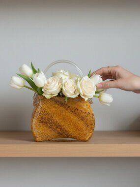 Vintage Murano Style Art Glass Purse Basket Amber Aventurine Handle Crystal